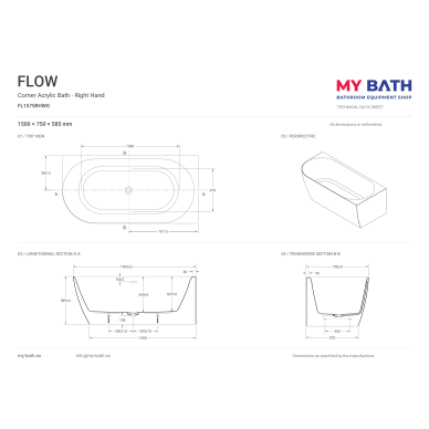 Kampinė akrilinė vonia FLOW 150 x 75 cm, Dešininė 4 Kampinė akrilinė vonia FLOW 150 x 75 cm, Dešininė 4